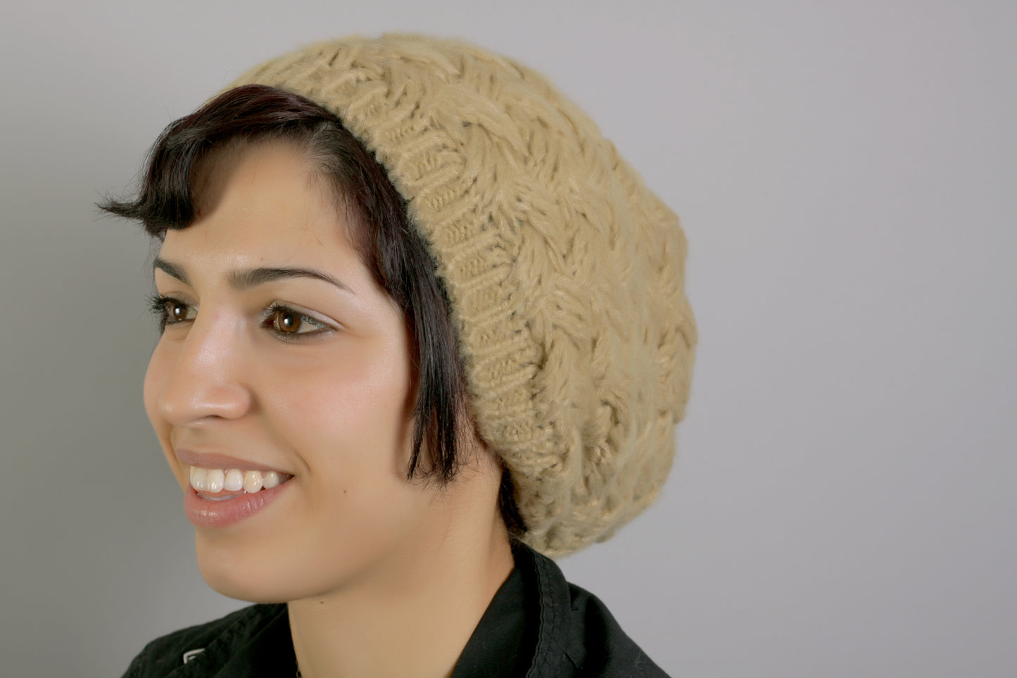 Wool and Acrylic Mix Cross Knitted Slouchy Beanie Beret Hat