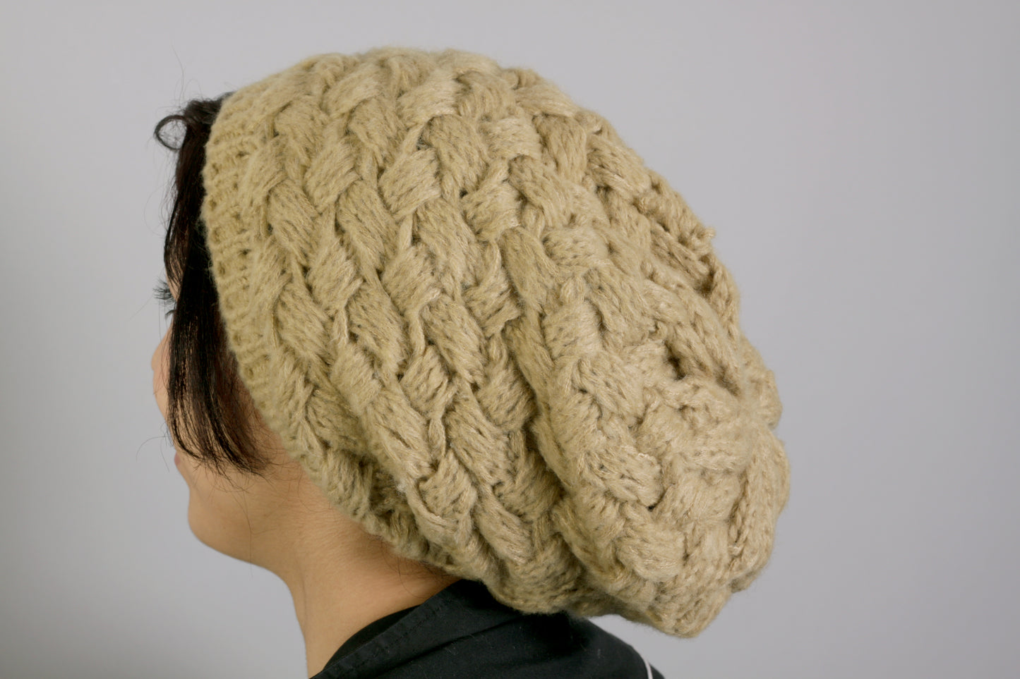 Wool and Acrylic Mix Cross Knitted Slouchy Beanie Beret Hat