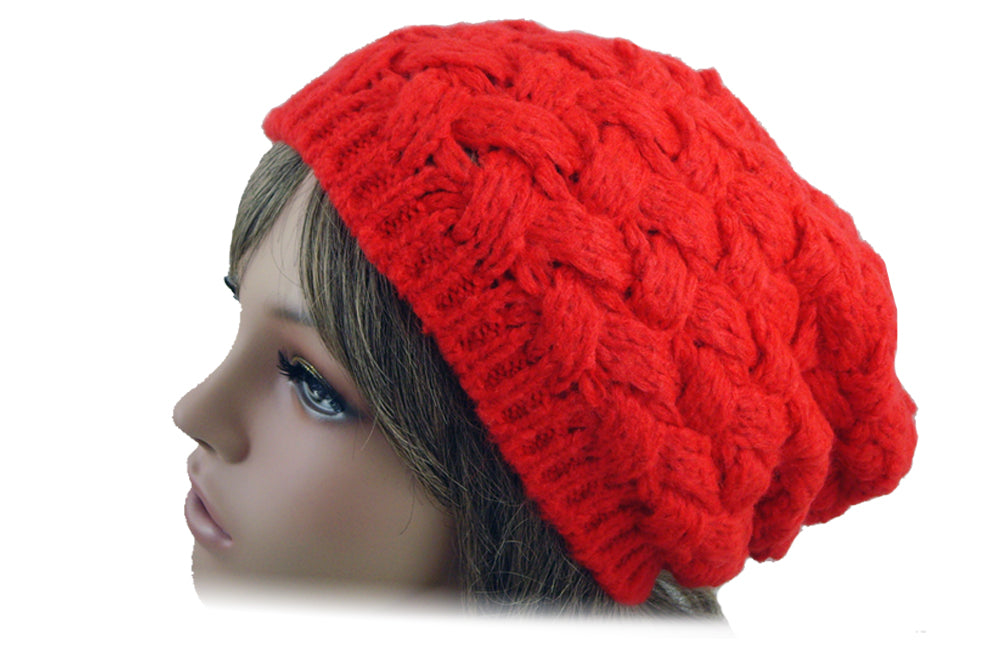 Wool and Acrylic Mix Cross Knitted Slouchy Beanie Beret Hat