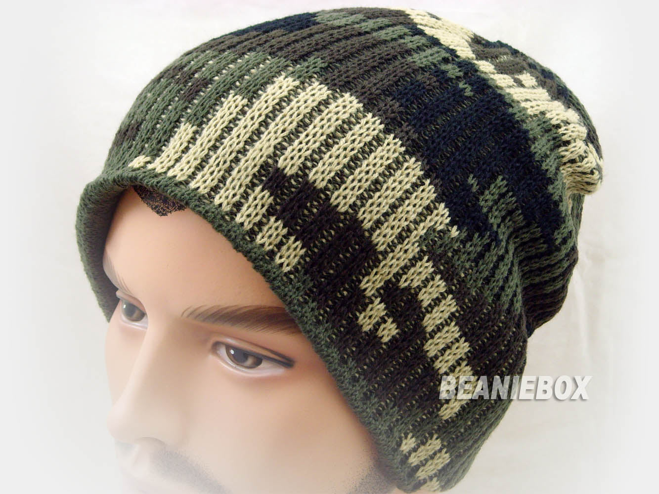 Reversible Stripy and Camouflage Beanie Hat