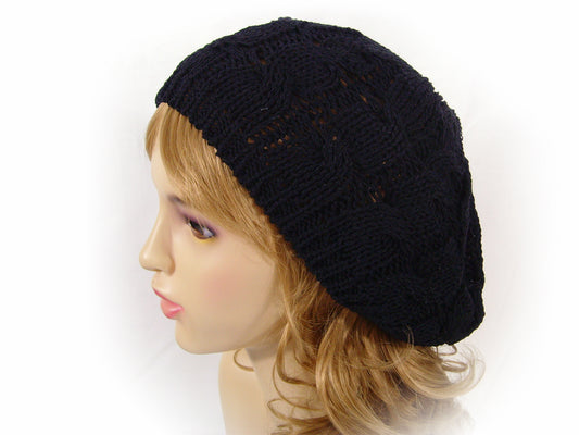 Cable Knitted Rayon and Cotton Mix Beret Style Hat