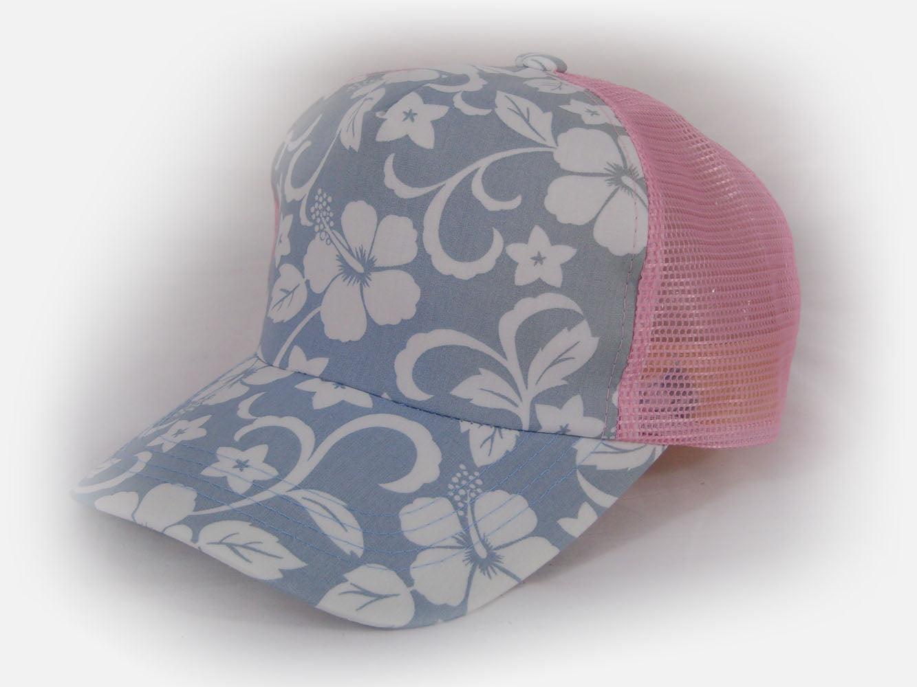 PInk and Grey Trucker Cap With Hawaiian Floral Pattern
