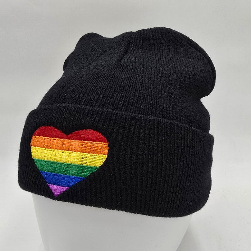 Rainbow Heart LGBT Embroidered Patch Beanie Hat
