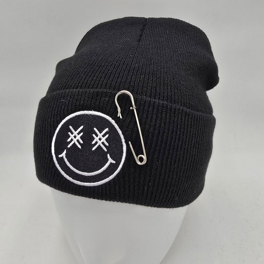 Smiley Face Embroidered Patch Beanie Hat with a Safety PIn