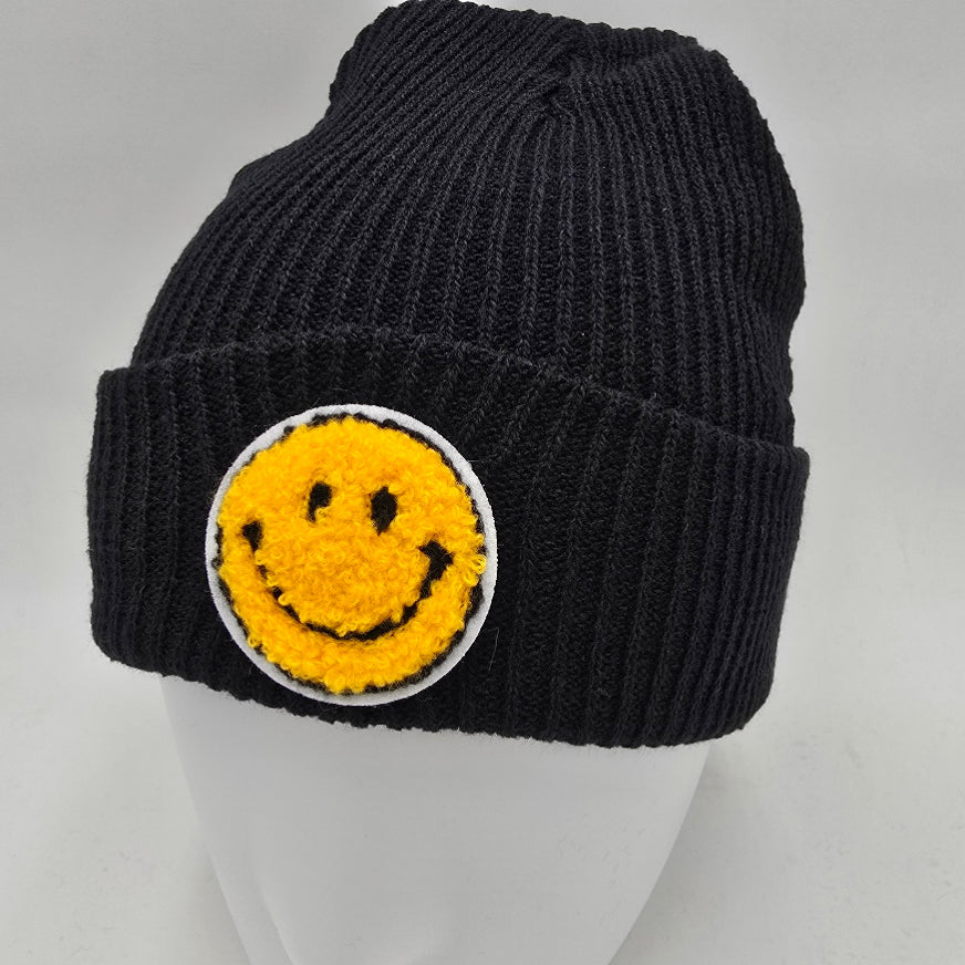 Smiley Face Embroidered Patch Beanie Hat