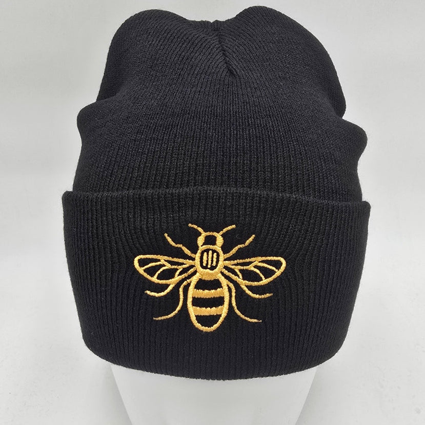 Manchester Bee Gold Embroidered Patch Beanie Hat