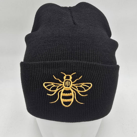 Manchester Bee Gold Embroidered Patch Beanie Hat