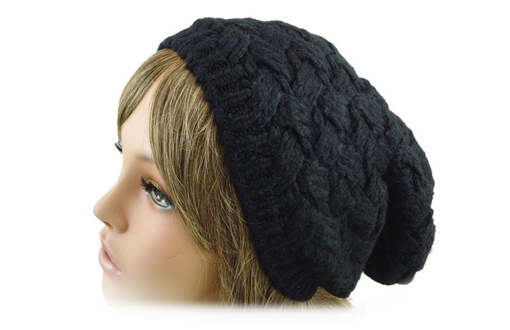 Wool and Acrylic Mix Cross Knitted Slouchy Beanie Beret Hat