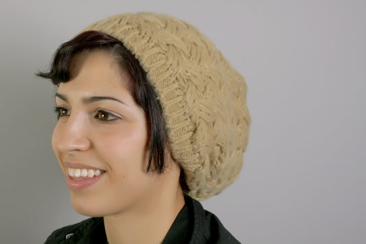 Wool and Acrylic Mix Cross Knitted Slouchy Beanie Beret Hat