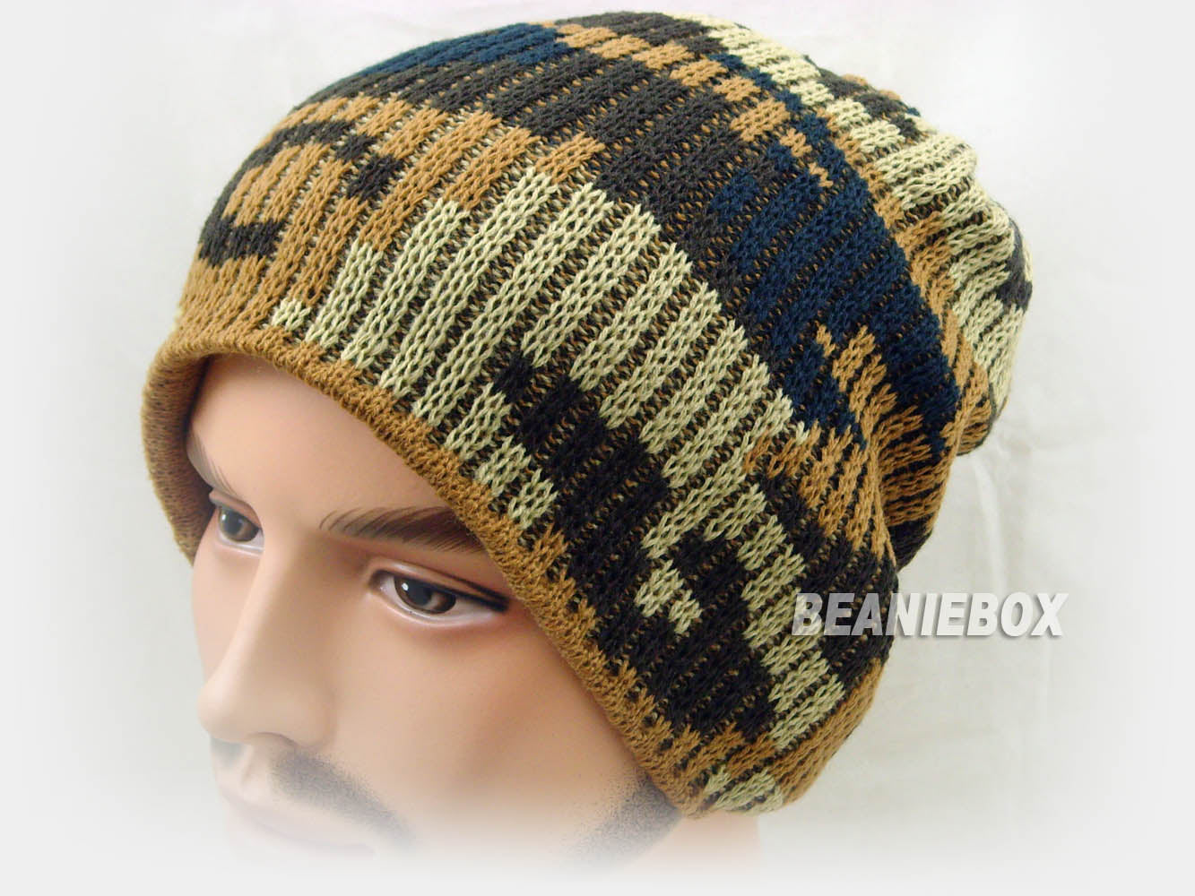 Reversible Stripy and Camouflage Beanie Hat