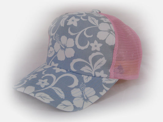 PInk and Grey Trucker Cap With Hawaiian Floral Pattern