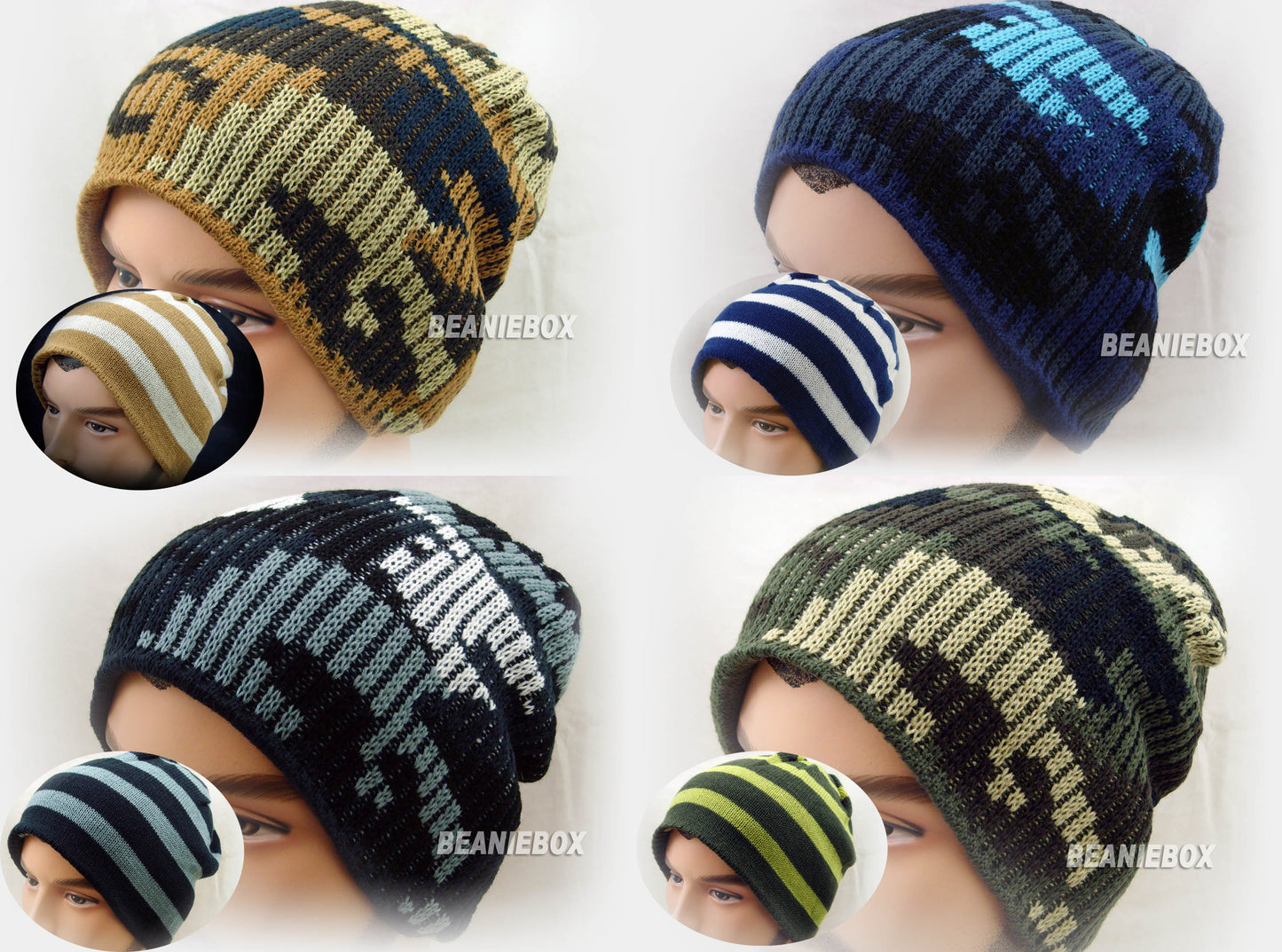 Reversible Stripy and Camouflage Beanie Hat